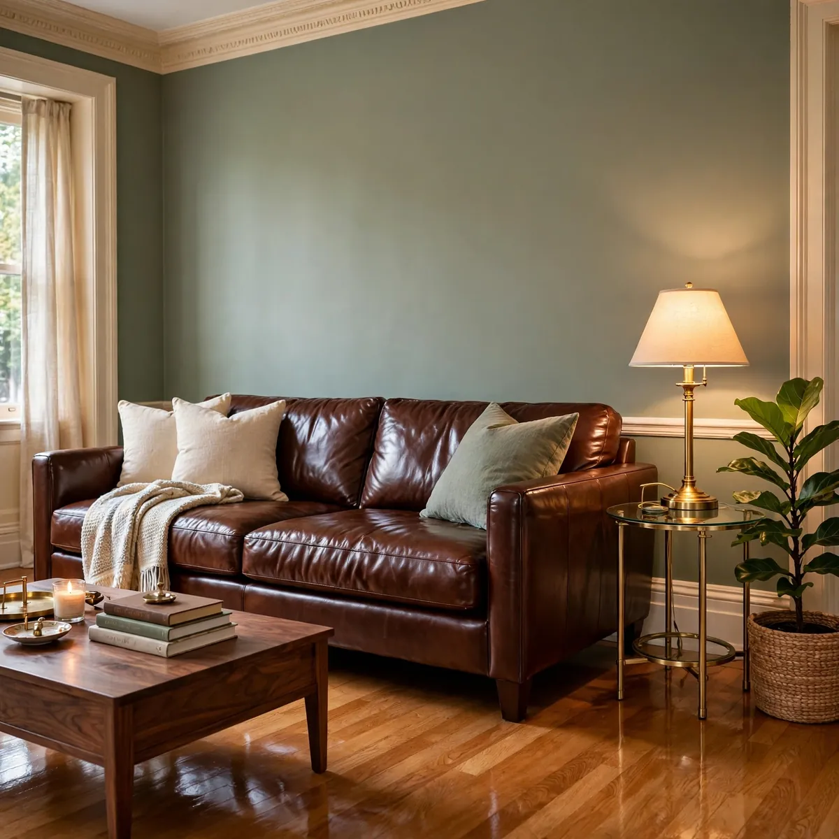 leather couch decor ideas: Paint the Wall Sage Green
