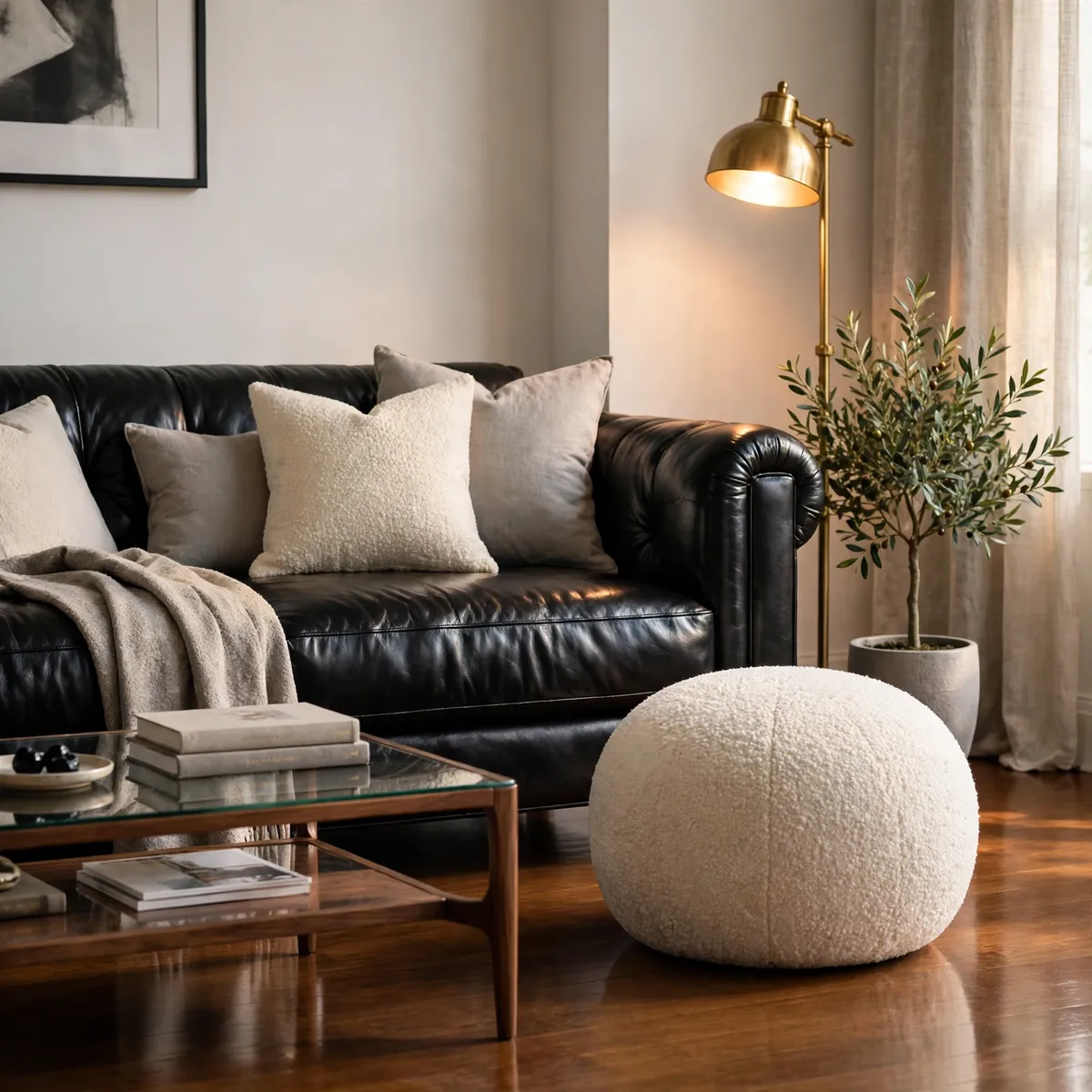 leather couch decor ideas: Float a Boucle Pouf Nearby