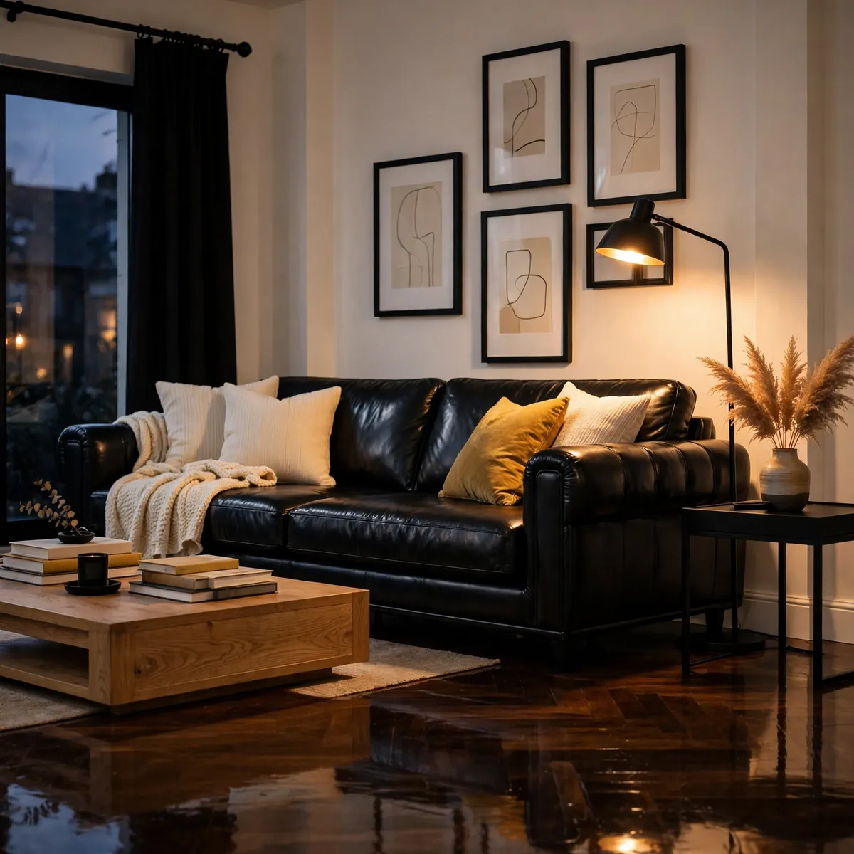 leather couch decor ideas: Echo the Leather with Black Accents