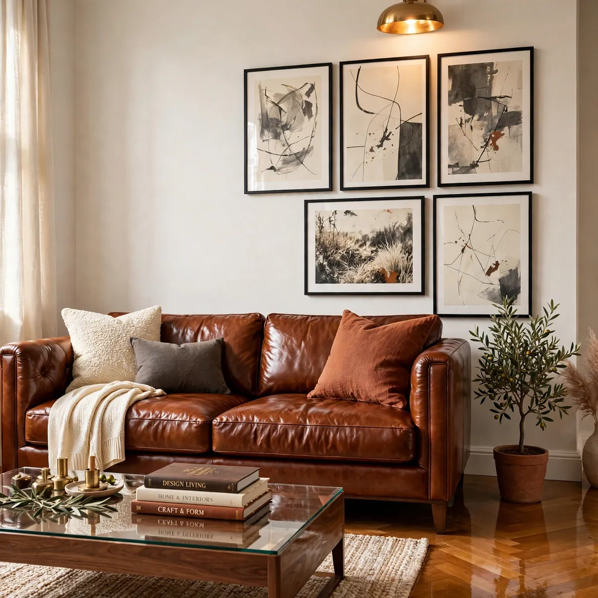 leather couch decor ideas: Build a Small Gallery Wall Beside the Sofa
