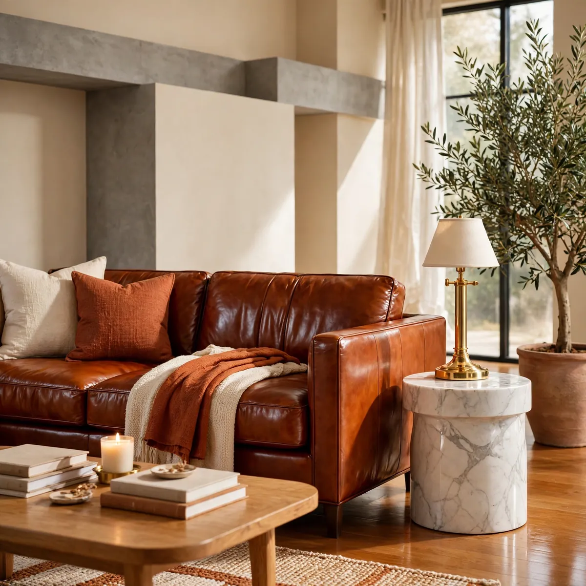 leather couch decor ideas: Add a Marble Side Table for Cool Contrast