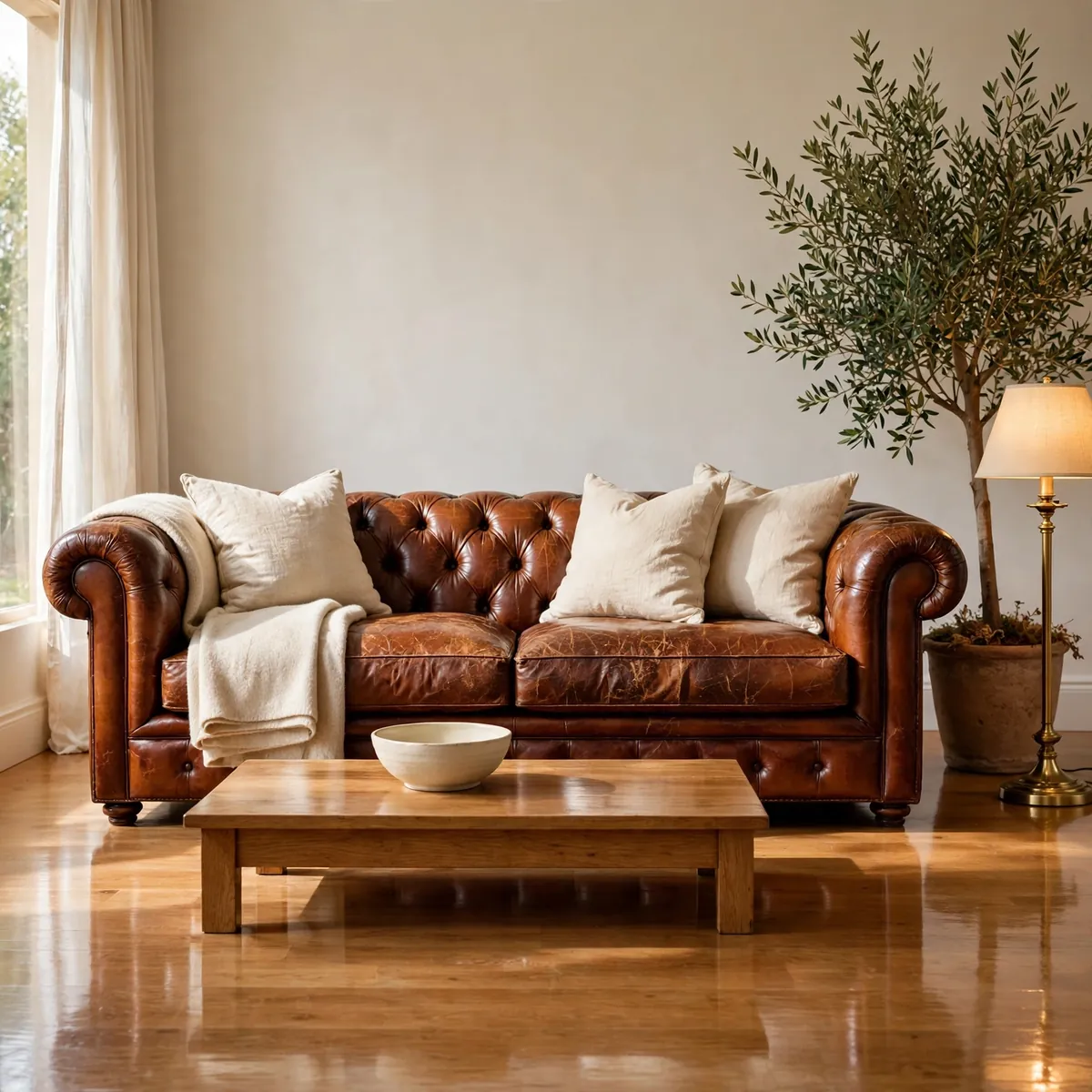 leather couch decor ideas: Keep Walls Warm White to Let Leather Lead
