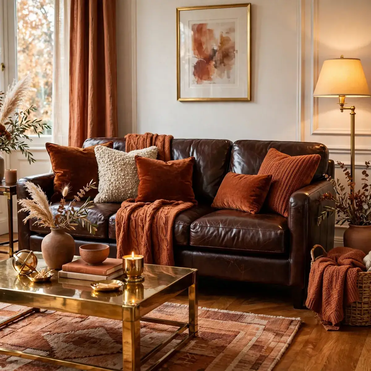 leather couch decor ideas: Go All-In on a Rust and Terracotta Palette