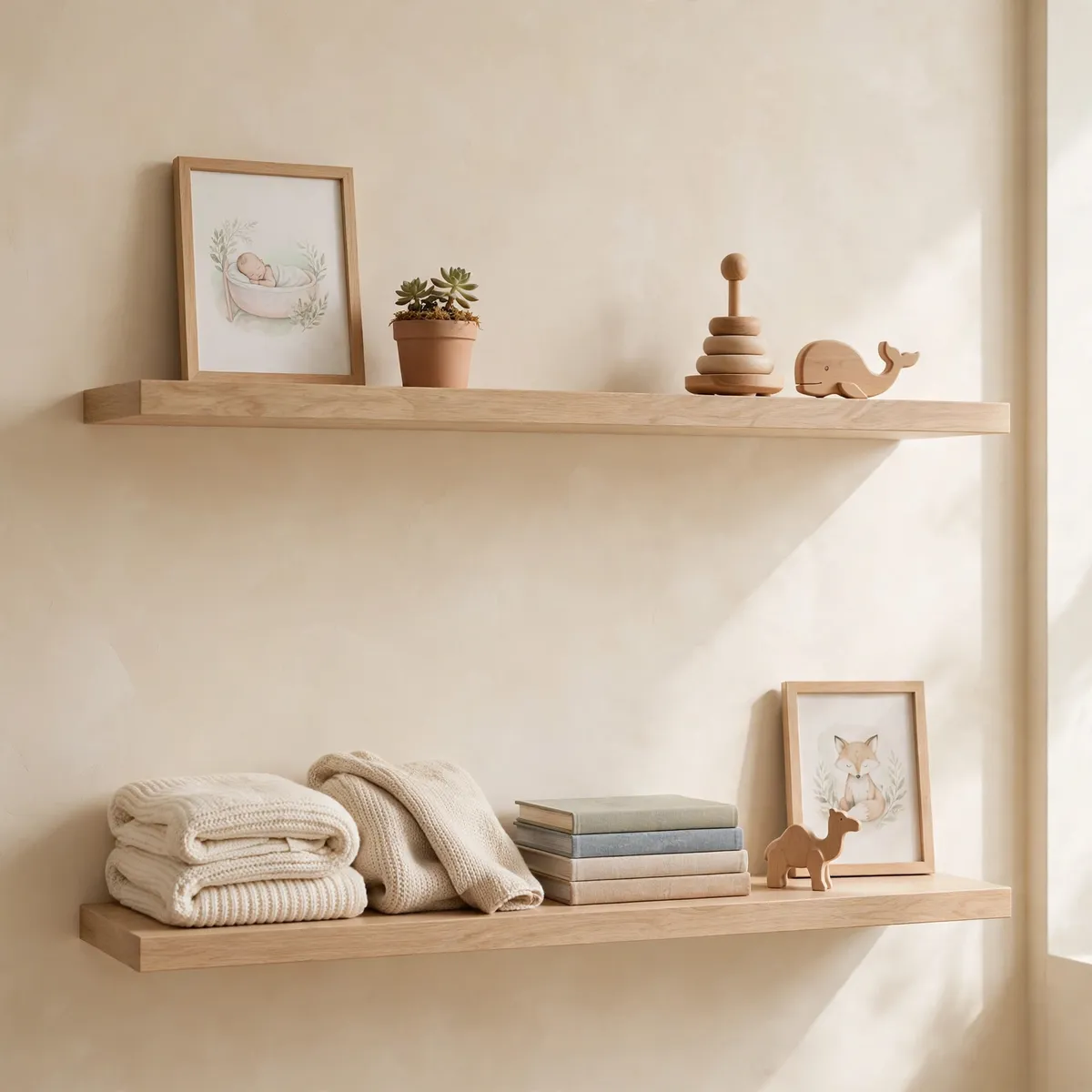 nursery decor ideas: 7. Floating Shelves for Books and Keepsakes