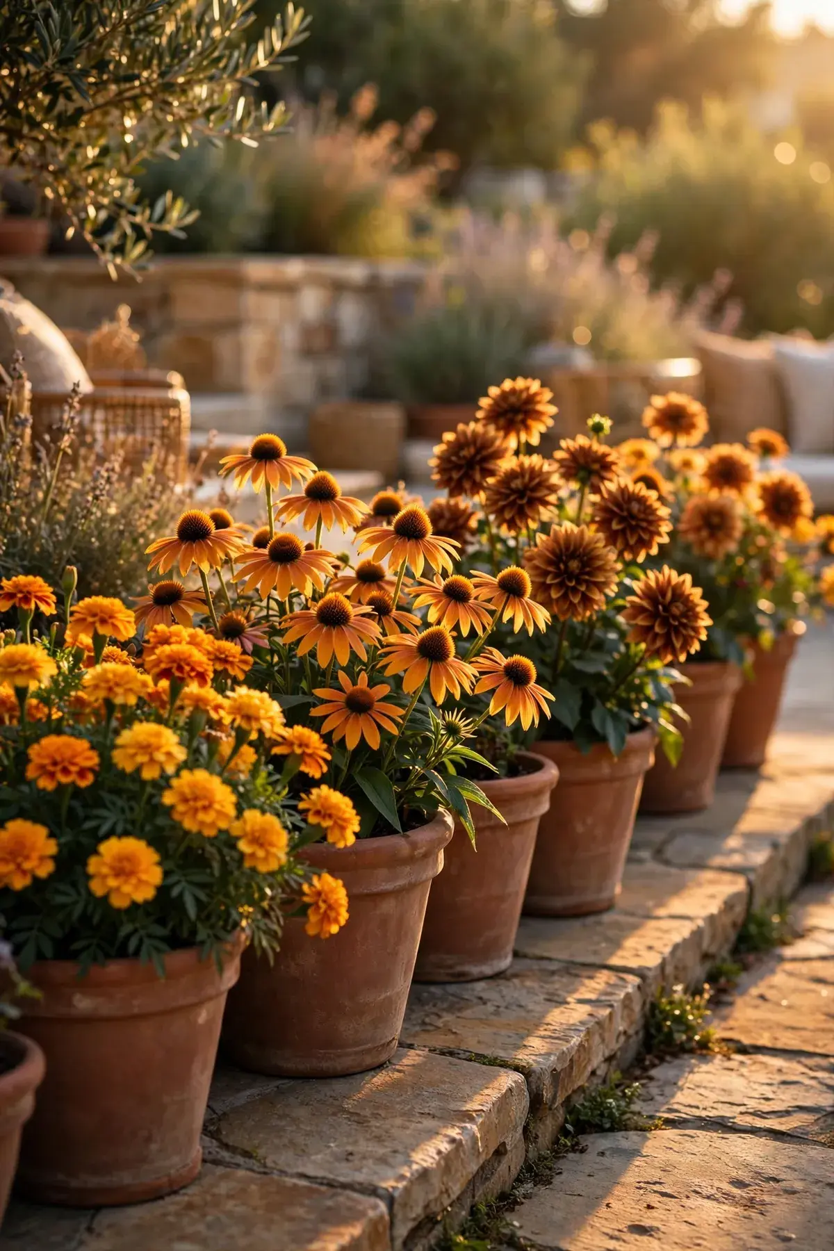 patio decor ideas: 9. Plant a Golden-Hour Border of Warm-Toned Blooms