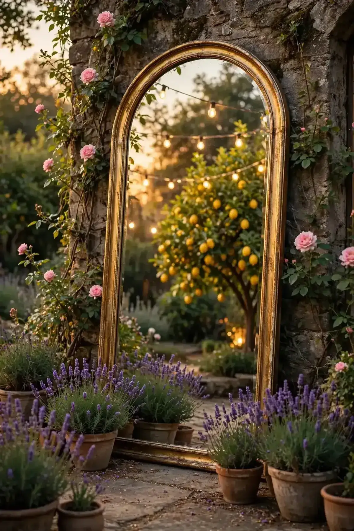 patio decor ideas: 10. Lean a Tall Mirror Against the Garden Wall