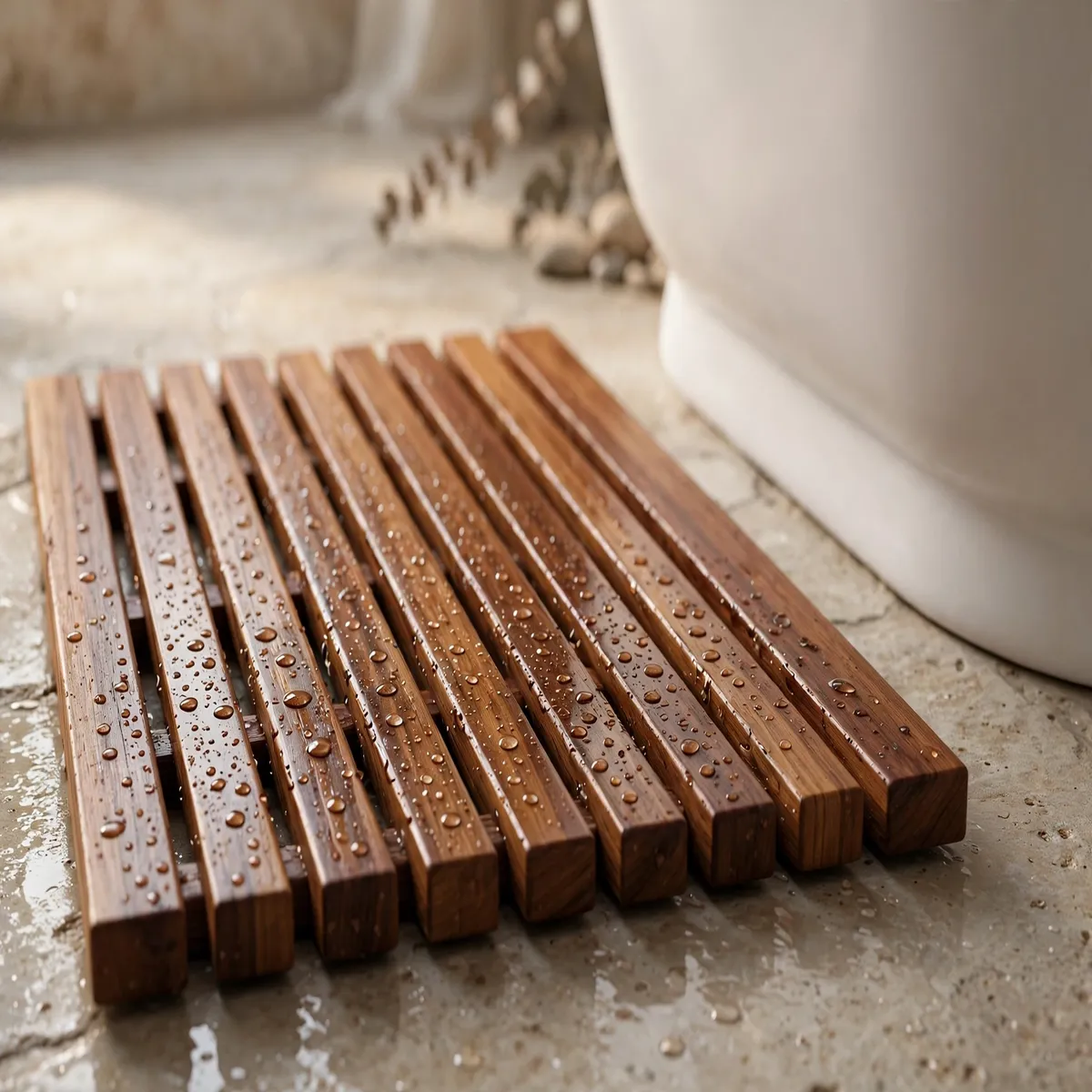 25 Bathroom Spa Ideas That Turn an Ordinary Bathroom Into a Real Retreat bathroom spa ideas: Swap Your Bath Mat for Oiled Teak