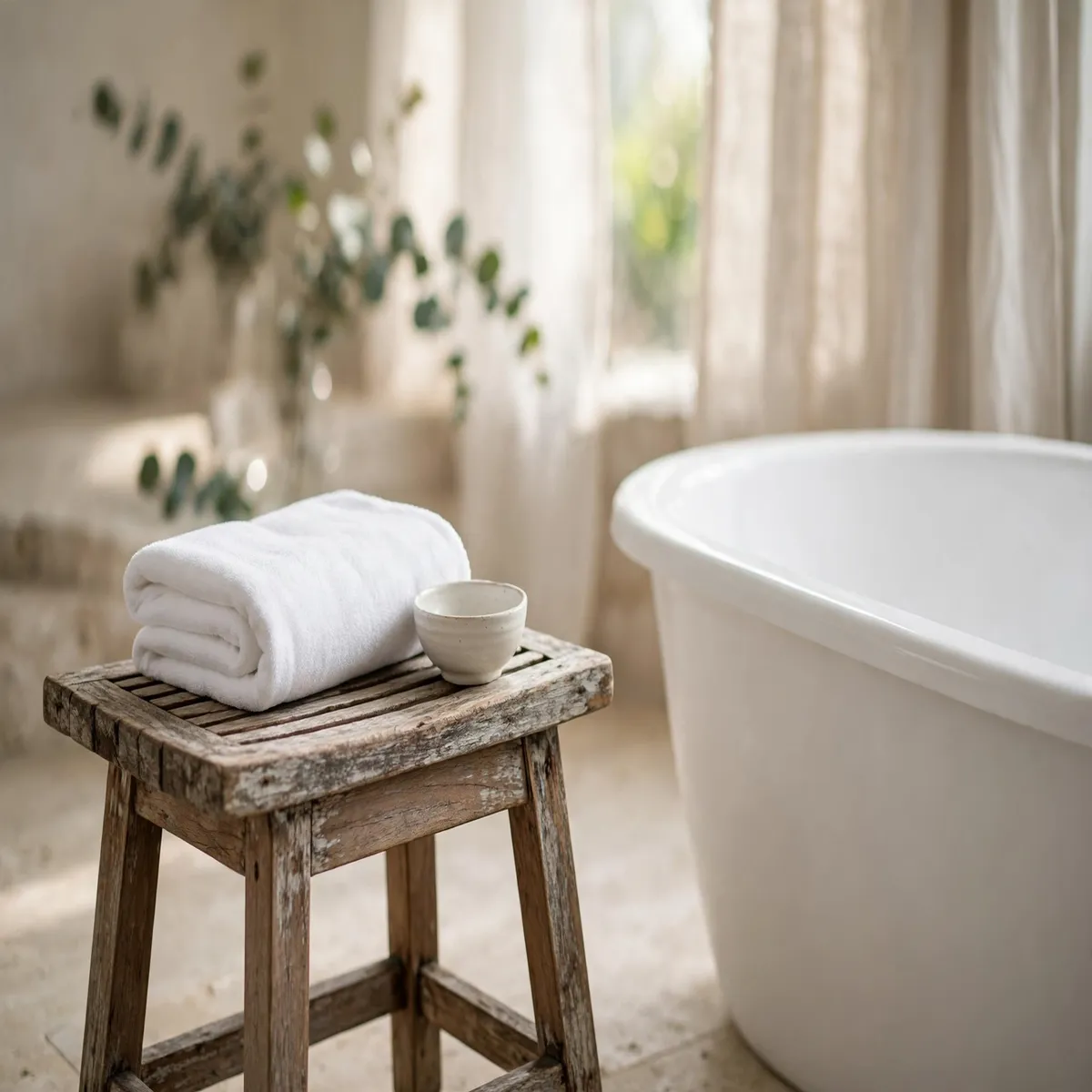 25 Bathroom Spa Ideas That Turn an Ordinary Bathroom Into a Real Retreat bathroom spa ideas: Add a Teak Stool Beside the Tub