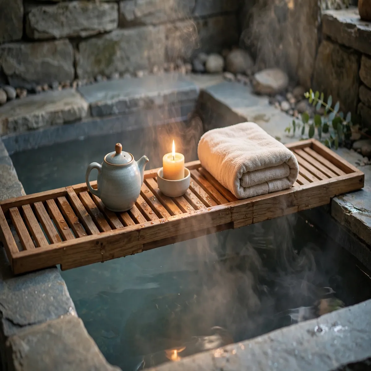 25 Bathroom Spa Ideas That Turn an Ordinary Bathroom Into a Real Retreat bathroom spa ideas: Style a Wooden Bath Tray for Slow Rituals