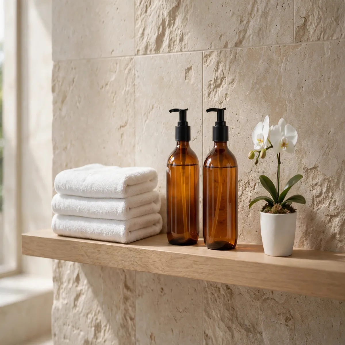 25 Bathroom Spa Ideas That Turn an Ordinary Bathroom Into a Real Retreat bathroom spa ideas: Decant Toiletries Into Amber Glass Bottles