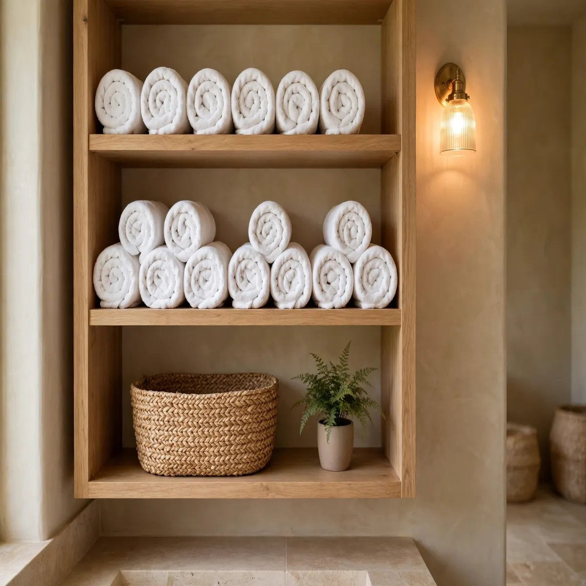 25 Bathroom Spa Ideas That Turn an Ordinary Bathroom Into a Real Retreat bathroom spa ideas: Roll Plush Towels Spa-Style on Open Shelves