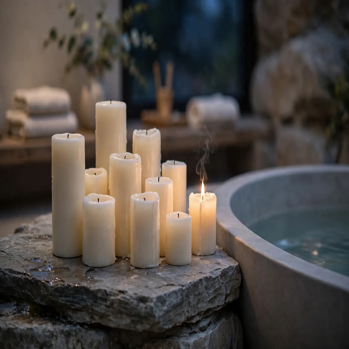 25 Bathroom Spa Ideas That Turn an Ordinary Bathroom Into a Real Retreat bathroom spa ideas: Light a Cluster of Unscented Pillar Candles