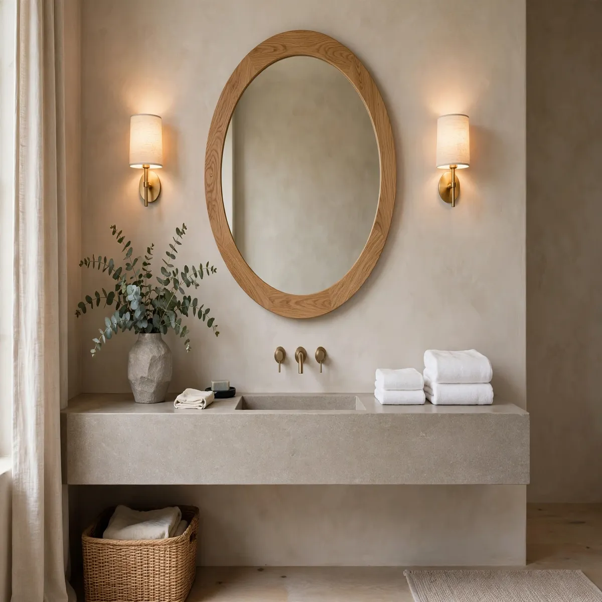 25 Bathroom Spa Ideas That Turn an Ordinary Bathroom Into a Real Retreat bathroom spa ideas: Hang a Round Mirror in a Natural Wood Frame