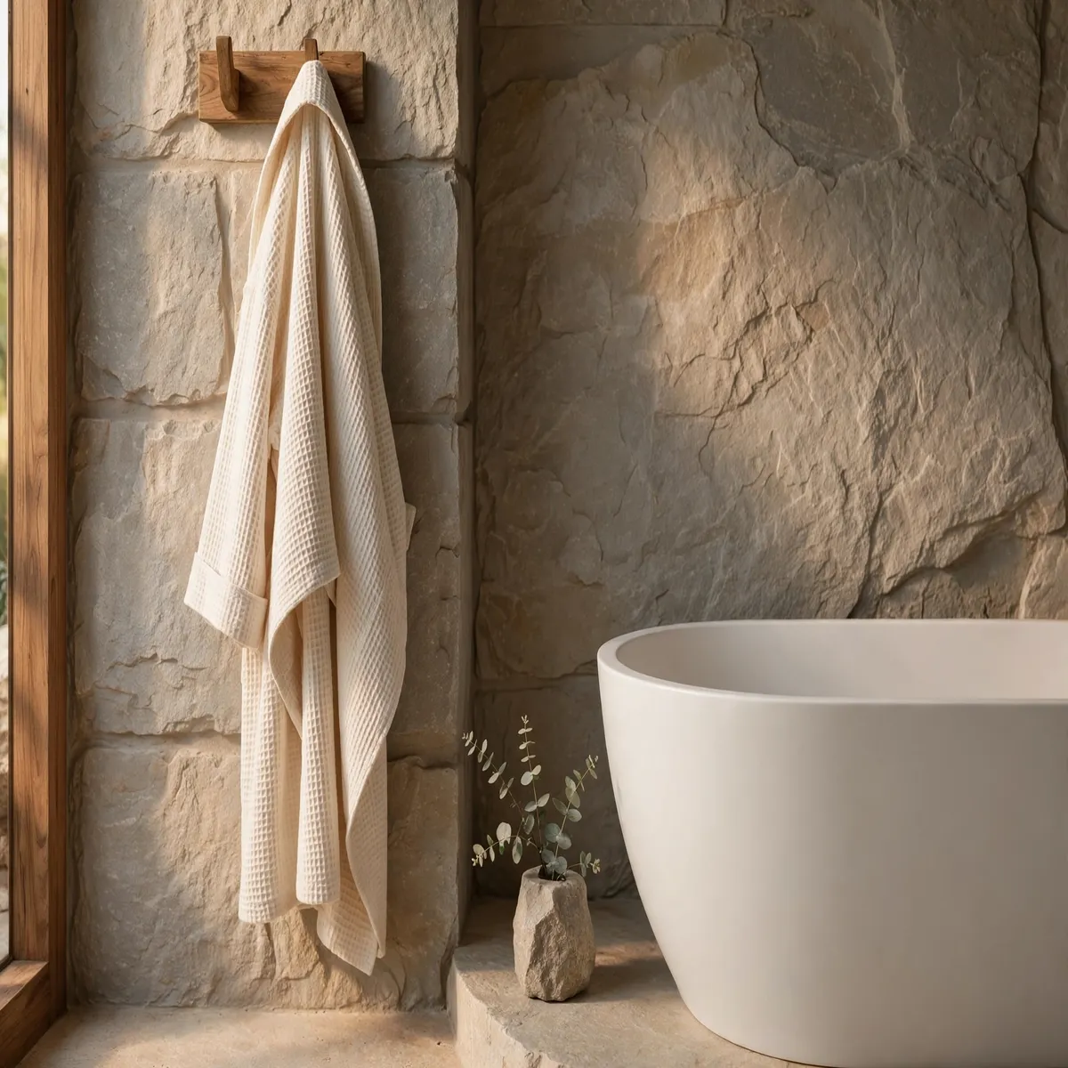 25 Bathroom Spa Ideas That Turn an Ordinary Bathroom Into a Real Retreat bathroom spa ideas: Drape a Waffle-Weave Robe on a Wooden Hook
