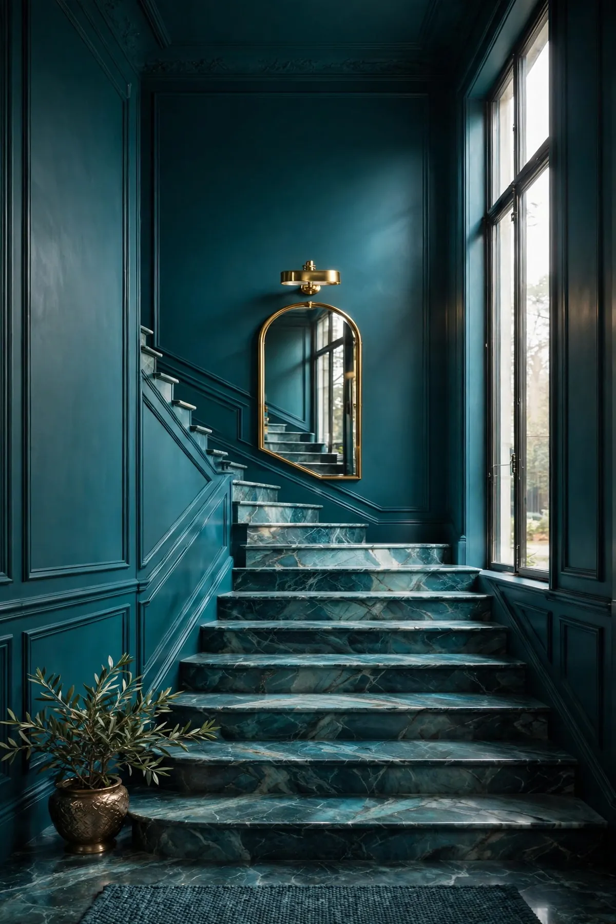 25 Stunning Accent Wall Staircase Ideas for a Dramatic Home Upgrade accent wall staircase: A Color-Drenched Accent Wall Staircase in Deep Teal