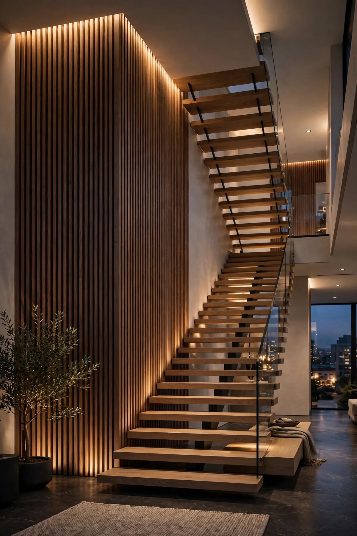25 Stunning Accent Wall Staircase Ideas for a Dramatic Home Upgrade accent wall staircase: Floor-to-Ceiling Vertical Wood Slats