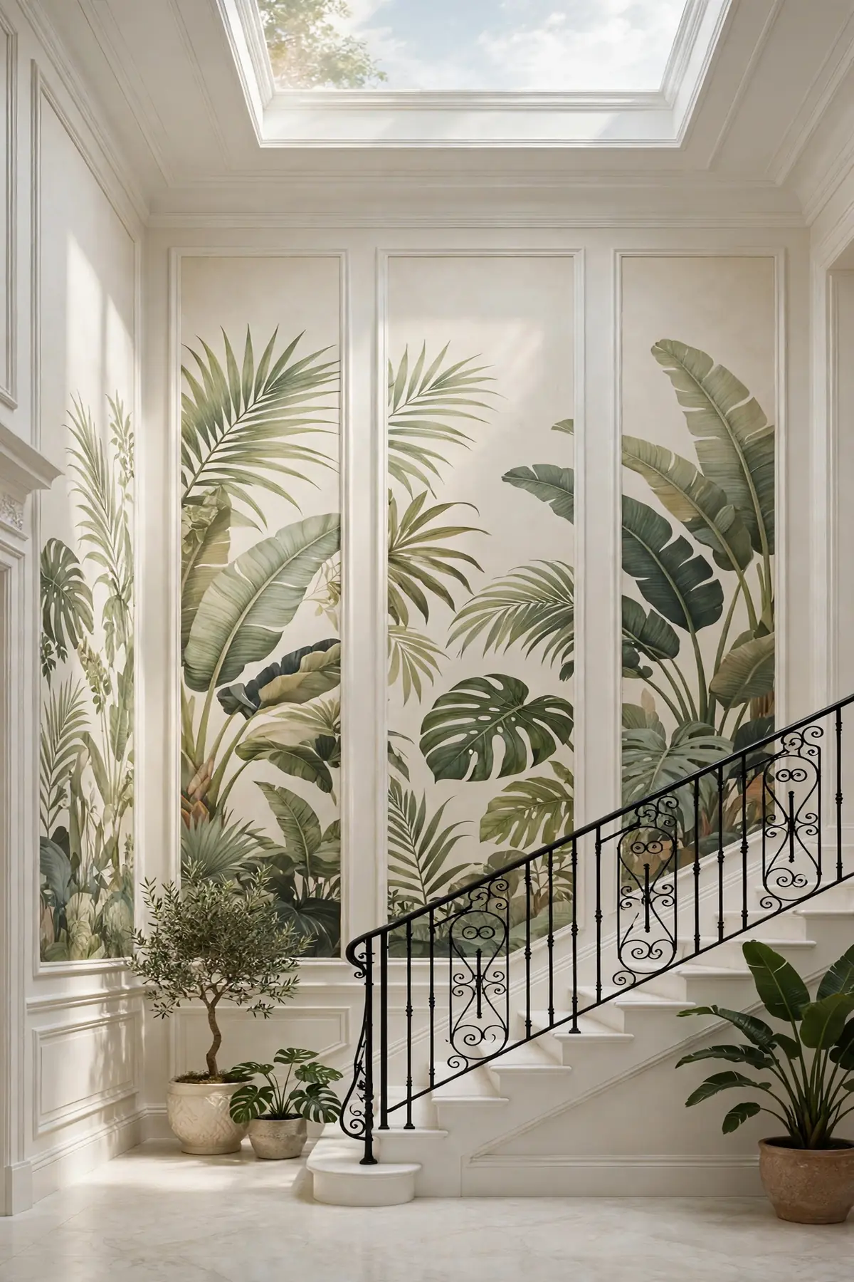 25 Stunning Accent Wall Staircase Ideas for a Dramatic Home Upgrade accent wall staircase: Full-Height Botanical Mural Panels