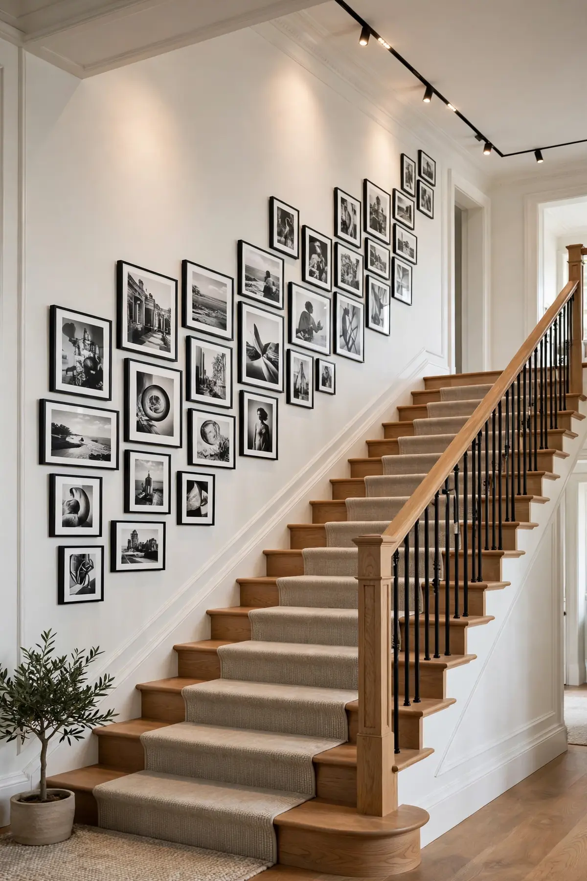 25 Stunning Accent Wall Staircase Ideas for a Dramatic Home Upgrade accent wall staircase: An Ascending Black-and-White Photo Ribbon