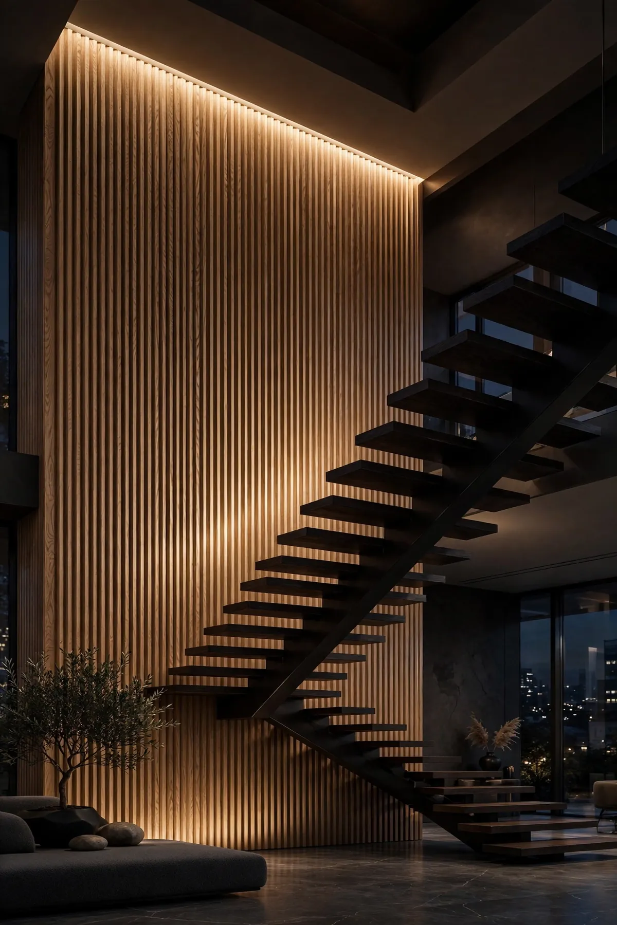 25 Stunning Accent Wall Staircase Ideas for a Dramatic Home Upgrade accent wall staircase: Fluted Oak Paneling with a Hidden LED Cove