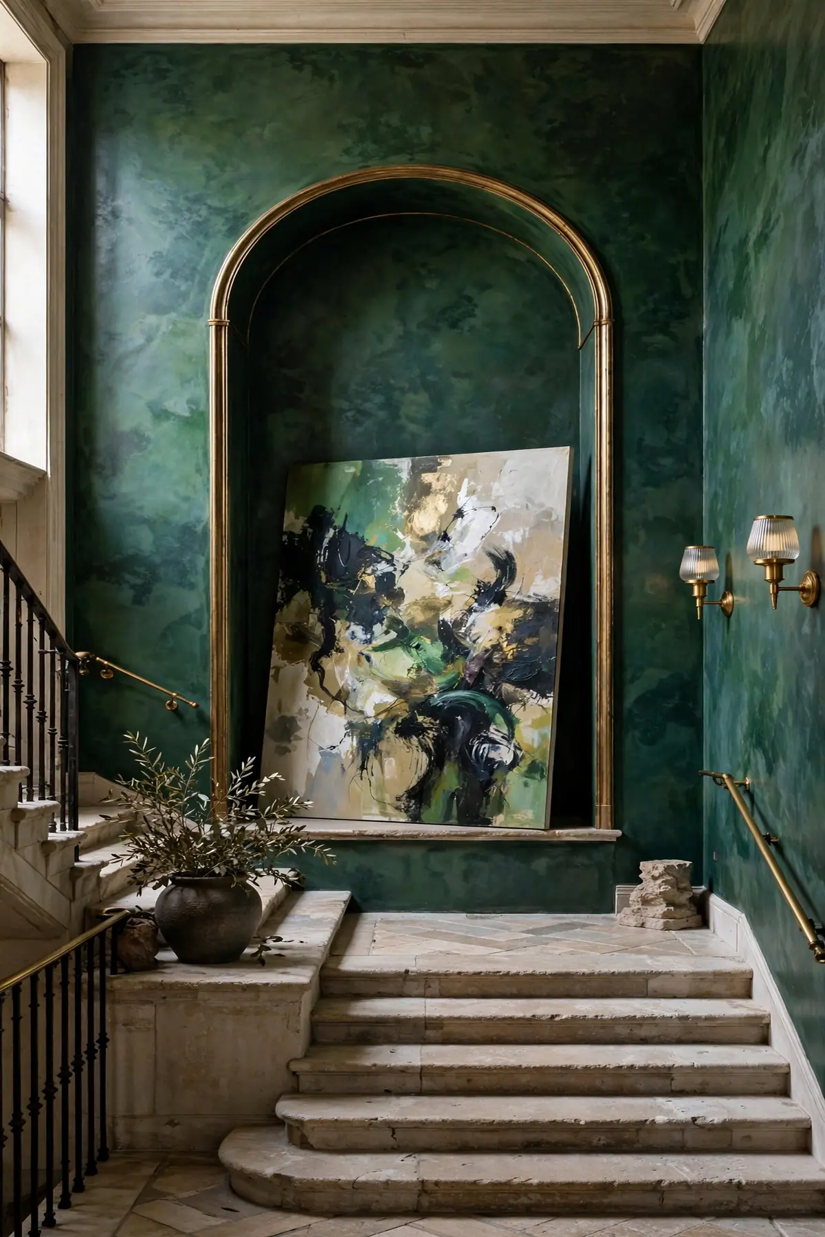 25 Stunning Accent Wall Staircase Ideas for a Dramatic Home Upgrade accent wall staircase: One Oversized Painting in a Tall Arched Niche