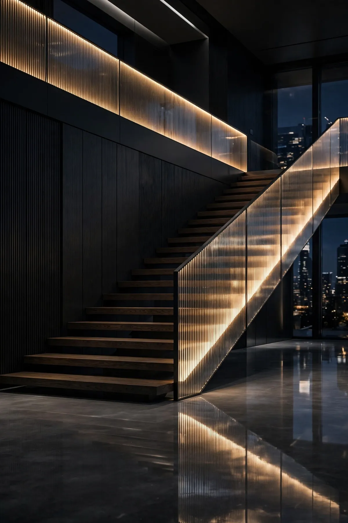 25 Stunning Accent Wall Staircase Ideas for a Dramatic Home Upgrade accent wall staircase: Charcoal Walls with a Glowing Reeded-Glass Railing