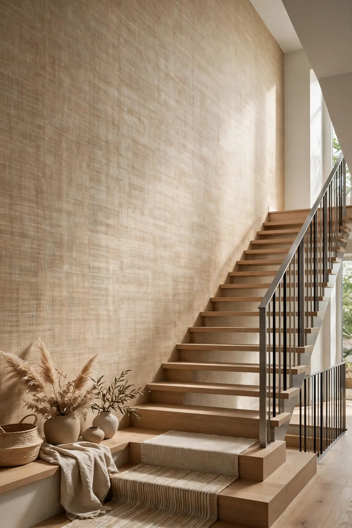 25 Stunning Accent Wall Staircase Ideas for a Dramatic Home Upgrade accent wall staircase: Natural Grasscloth for Quiet Texture