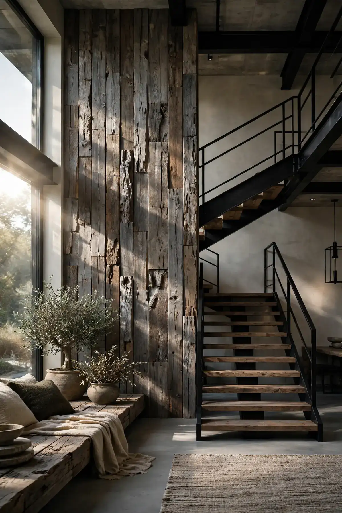 25 Stunning Accent Wall Staircase Ideas for a Dramatic Home Upgrade accent wall staircase: Reclaimed Wood Planks Laid Vertically