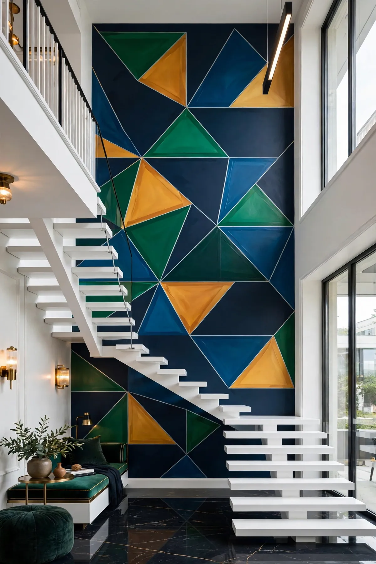 25 Stunning Accent Wall Staircase Ideas for a Dramatic Home Upgrade accent wall staircase: A Jewel-Tone Geometric Mural