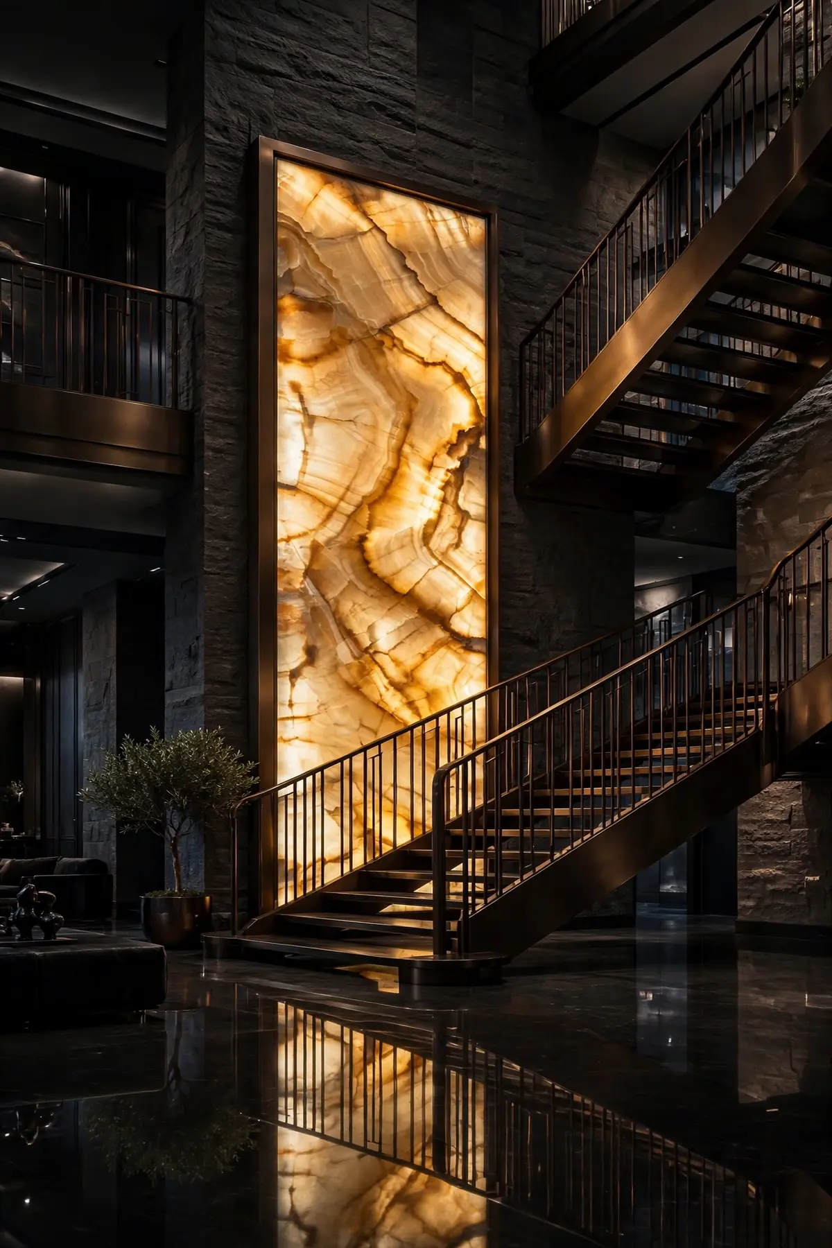 25 Stunning Accent Wall Staircase Ideas for a Dramatic Home Upgrade accent wall staircase: A Backlit Onyx Panel as a Glowing Focal Point