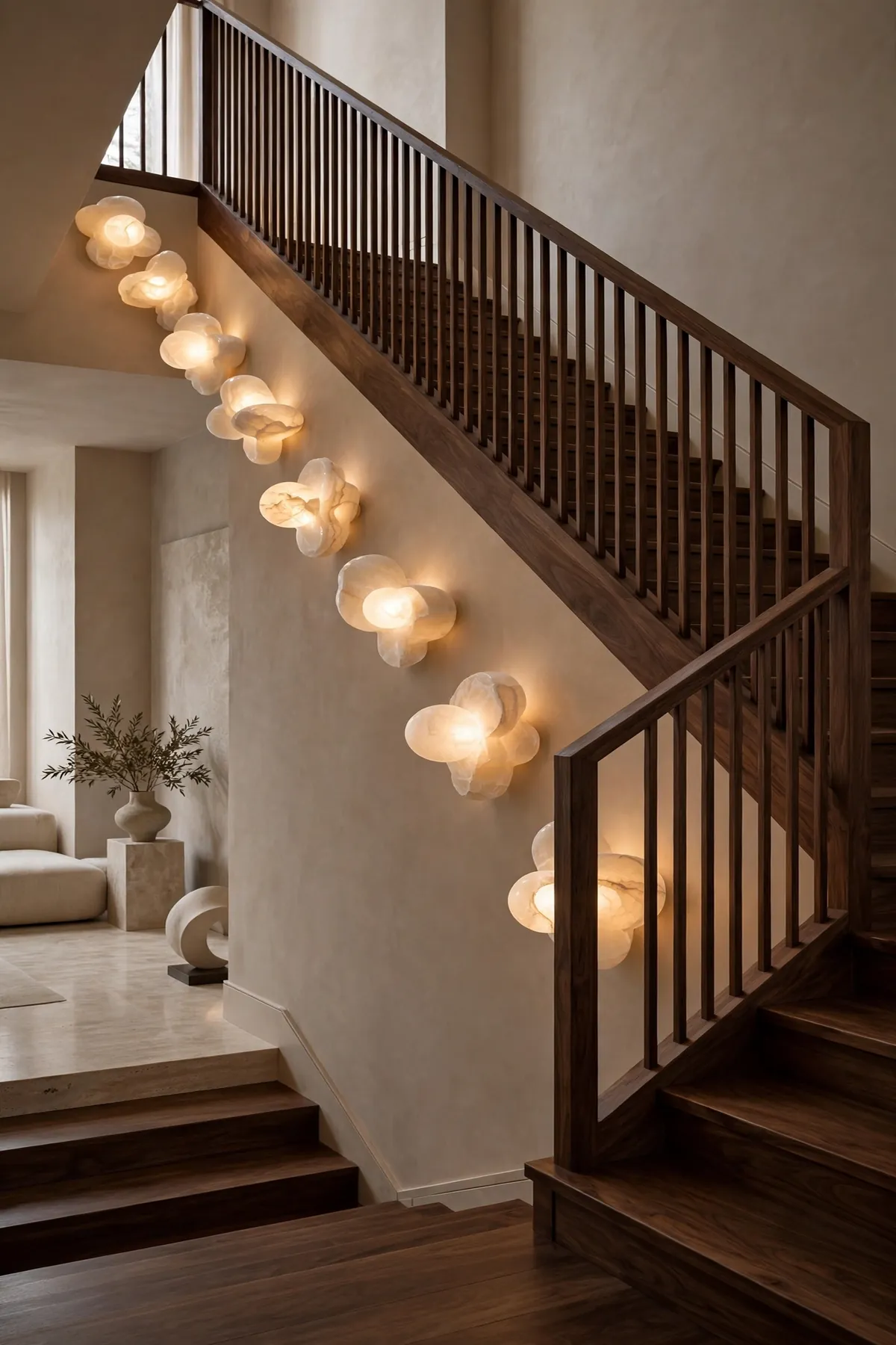 25 Stunning Accent Wall Staircase Ideas for a Dramatic Home Upgrade accent wall staircase: A Diagonal Line of Sculptural Sconces