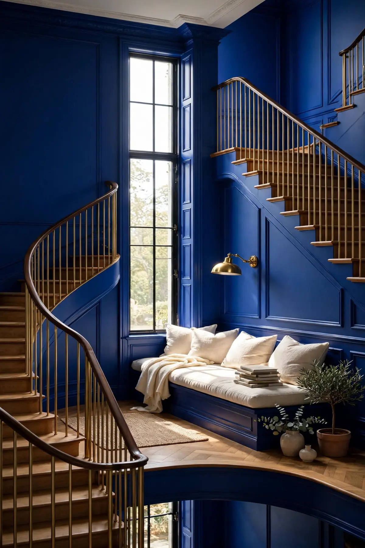 25 Stunning Accent Wall Staircase Ideas for a Dramatic Home Upgrade accent wall staircase: A Bold-Color Reading Nook on the Half Landing