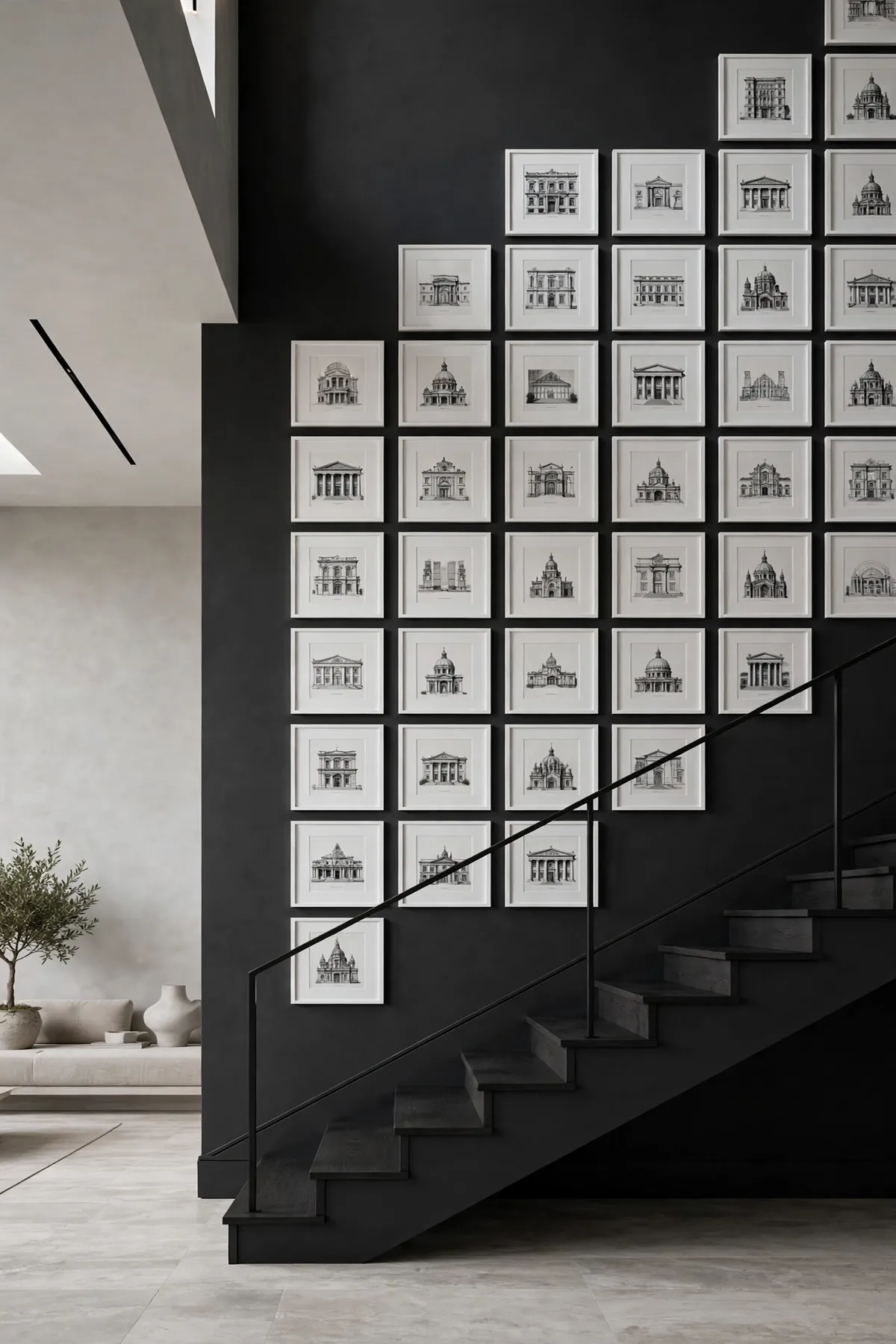 25 Stunning Accent Wall Staircase Ideas for a Dramatic Home Upgrade accent wall staircase: A Strict Grid of Identical Frames