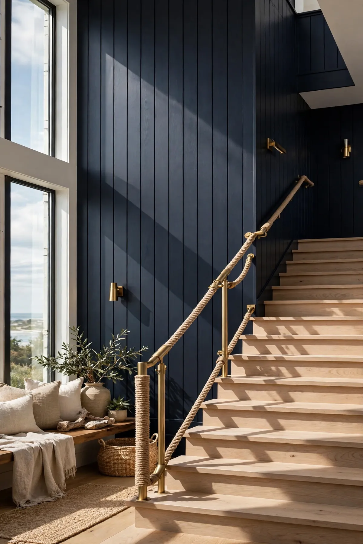 25 Stunning Accent Wall Staircase Ideas for a Dramatic Home Upgrade accent wall staircase: Ink-Navy Vertical Shiplap