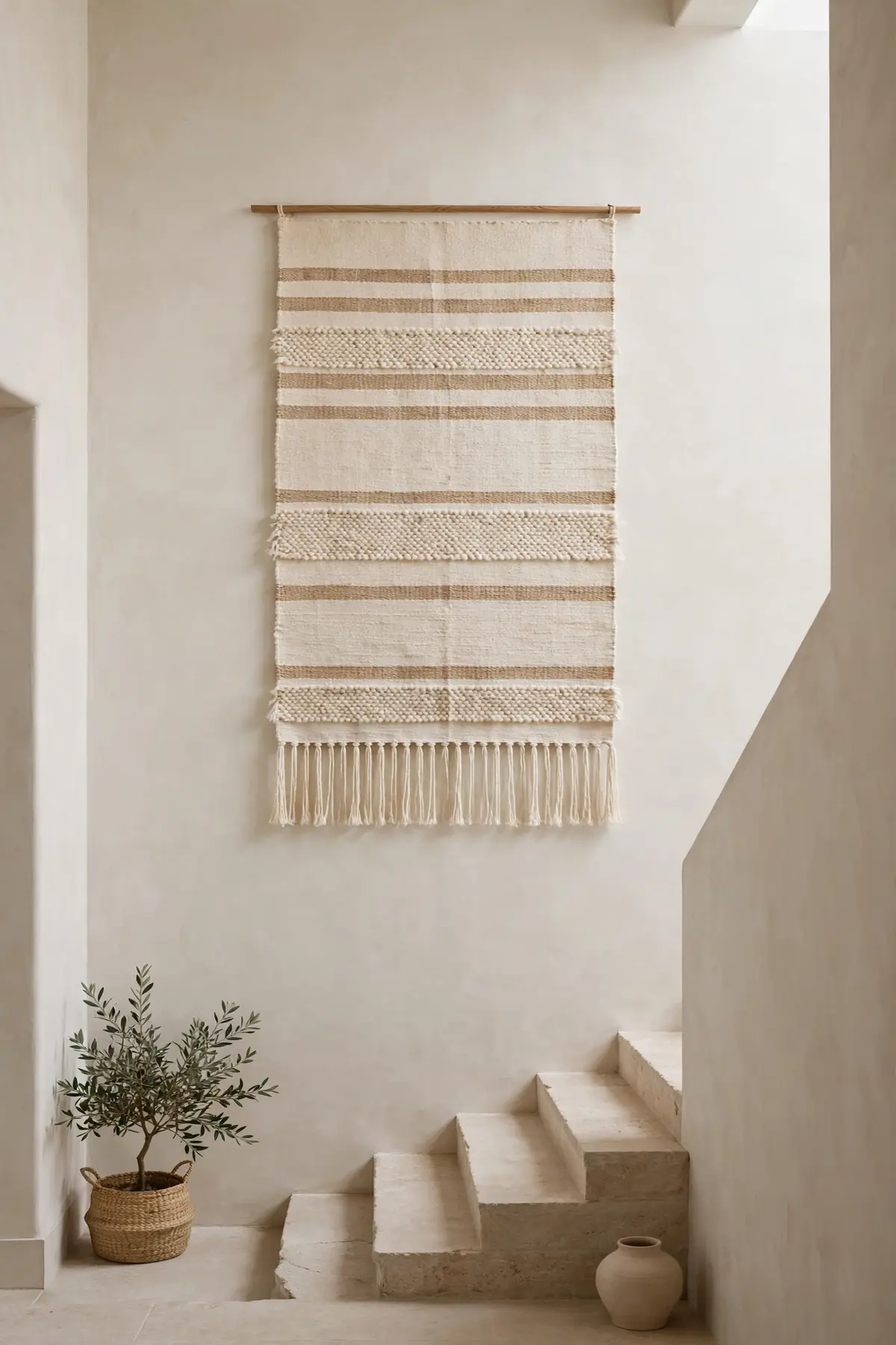 25 Stunning Accent Wall Staircase Ideas for a Dramatic Home Upgrade accent wall staircase: A Tapestry-Scale Woven Wall Hanging