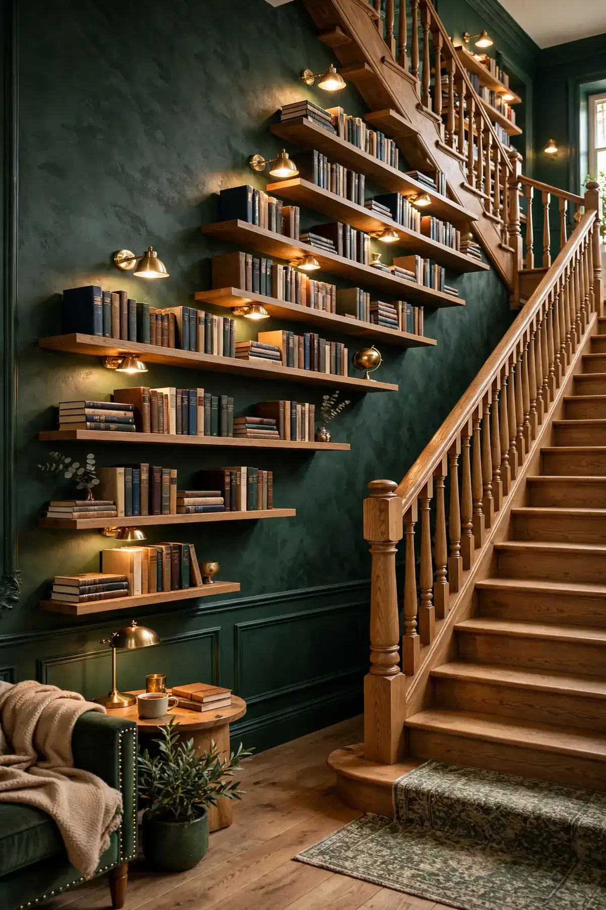25 Stunning Accent Wall Staircase Ideas for a Dramatic Home Upgrade accent wall staircase: A Library Wall of Floating Shelves