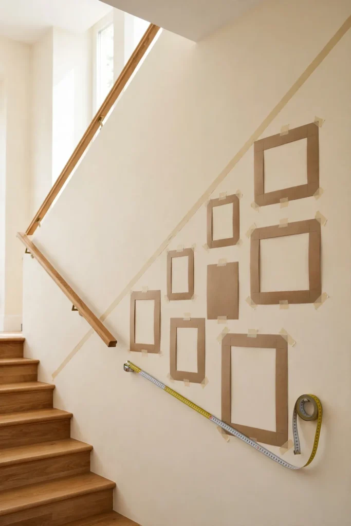 15 Stunning Staircase Gallery Wall Ideas That Turn Blank Stairs Into Art staircase gallery wall: Map the Staircase Gallery Wall Diagonal Before You Hang Anything