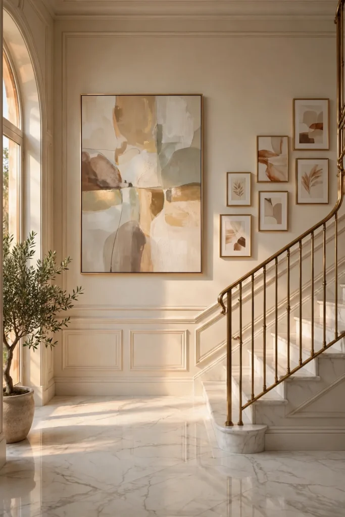 15 Stunning Staircase Gallery Wall Ideas That Turn Blank Stairs Into Art staircase gallery wall: Anchor the Landing With One Oversized Canvas