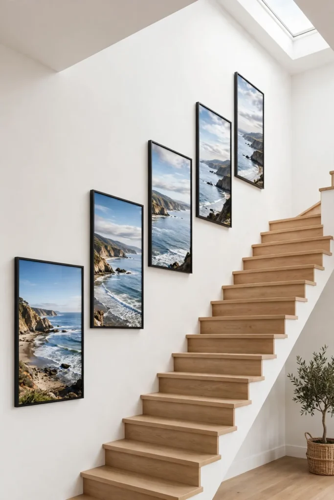 15 Stunning Staircase Gallery Wall Ideas That Turn Blank Stairs Into Art staircase gallery wall: Split One Panorama Across Climbing Frames