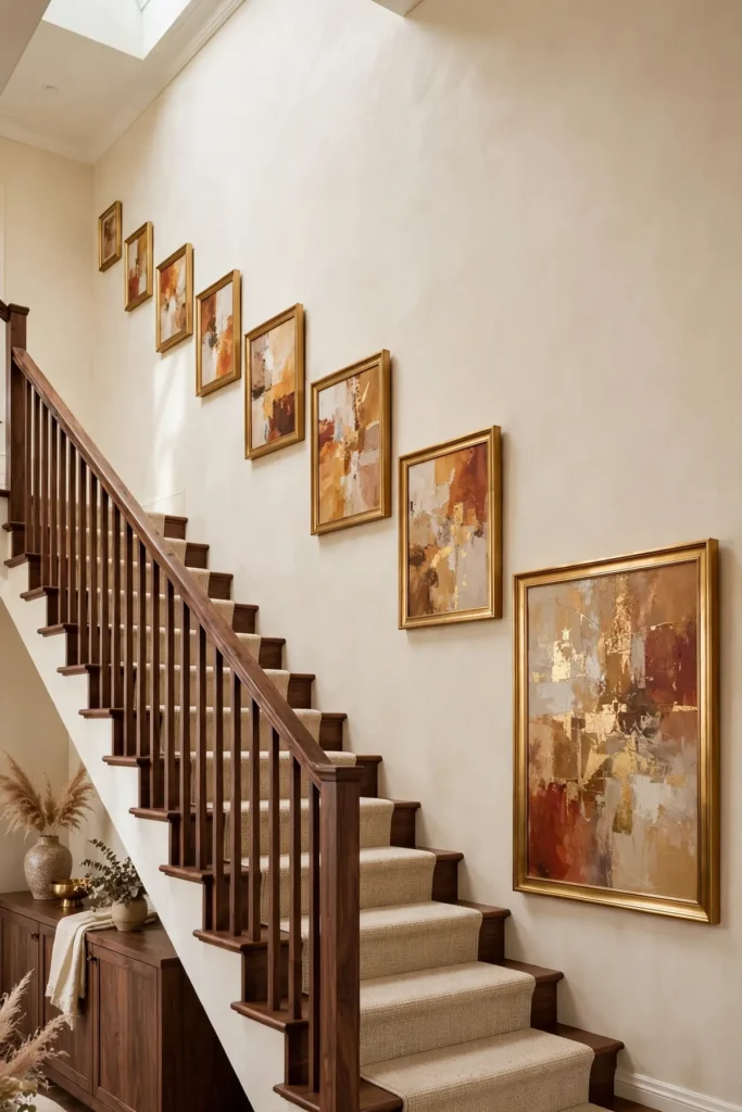 15 Stunning Staircase Gallery Wall Ideas That Turn Blank Stairs Into Art staircase gallery wall: Let Frame Sizes Shrink as You Climb