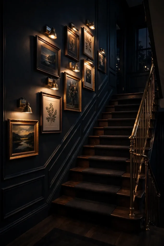 15 Stunning Staircase Gallery Wall Ideas That Turn Blank Stairs Into Art staircase gallery wall: Light It Like a Gallery With Battery Picture Lights