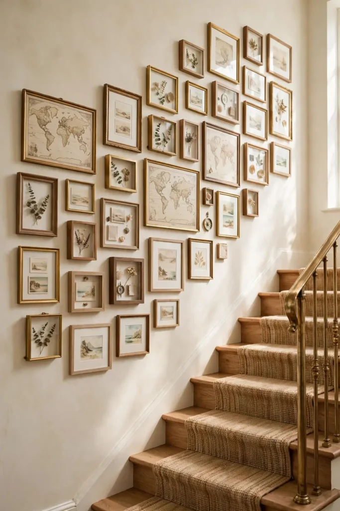 15 Stunning Staircase Gallery Wall Ideas That Turn Blank Stairs Into Art staircase gallery wall: Frame Maps, Tickets, and Postcards From Your Travels