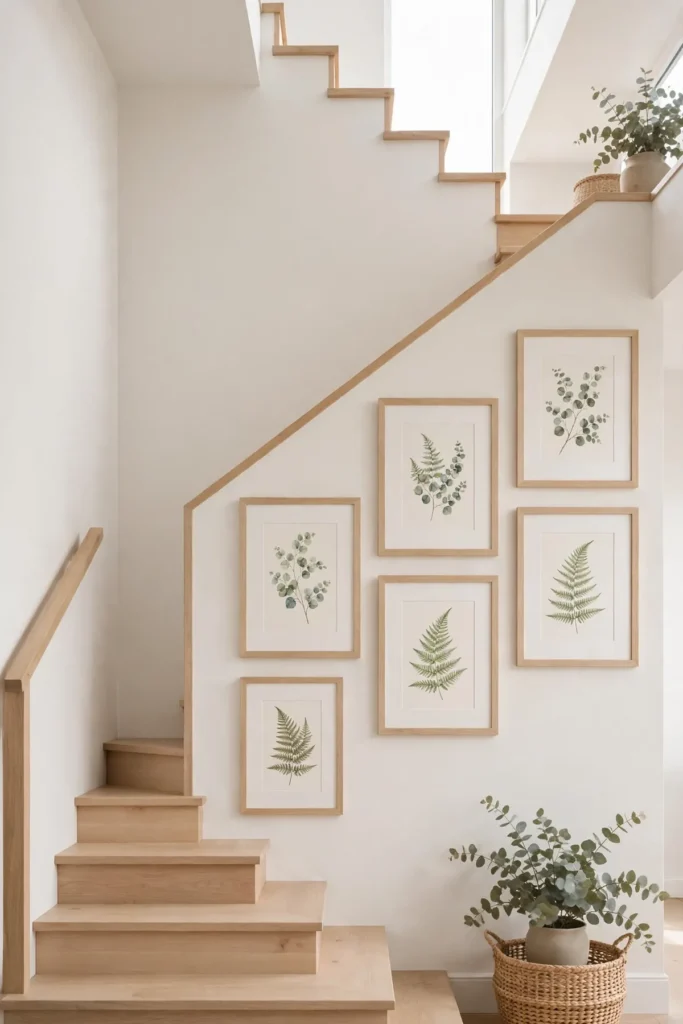 15 Stunning Staircase Gallery Wall Ideas That Turn Blank Stairs Into Art staircase gallery wall: Build a Botanical Climb in Natural Oak Frames