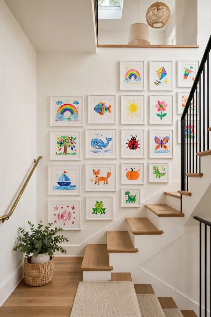 15 Stunning Staircase Gallery Wall Ideas That Turn Blank Stairs Into Art staircase gallery wall: Frame Your Kids' Artwork by Year as It Climbs