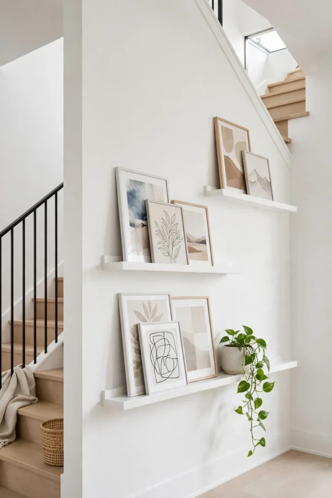 15 Stunning Staircase Gallery Wall Ideas That Turn Blank Stairs Into Art staircase gallery wall: Try the No-Drill Ledge Approach for Renters