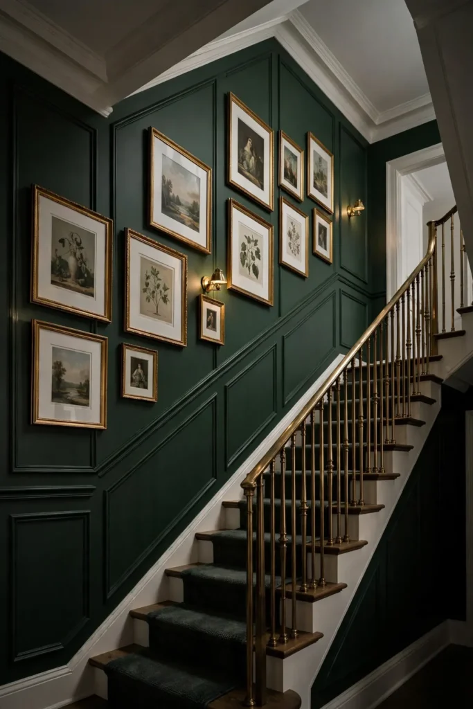 15 Stunning Staircase Gallery Wall Ideas That Turn Blank Stairs Into Art staircase gallery wall: Let One Saturated Wall Color Carry the Whole Gallery