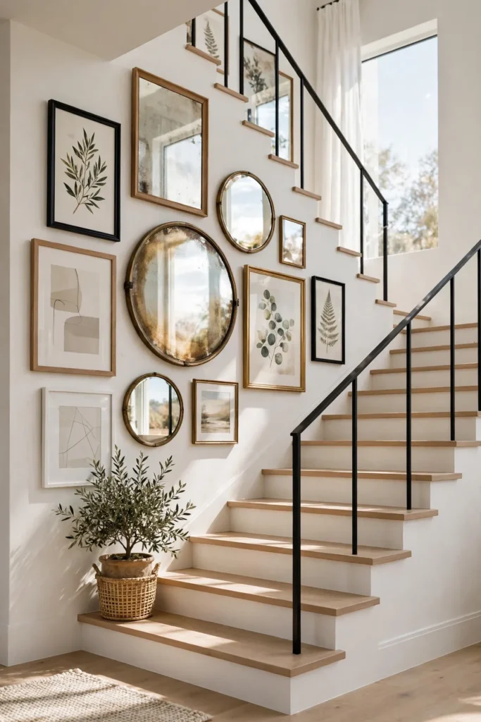 15 Stunning Staircase Gallery Wall Ideas That Turn Blank Stairs Into Art staircase gallery wall: Hang Mirrors Between Frames to Double the Light