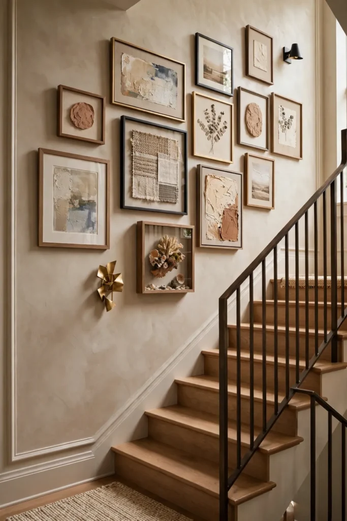 15 Stunning Staircase Gallery Wall Ideas That Turn Blank Stairs Into Art staircase gallery wall: Add Small Sculptural Objects for Depth