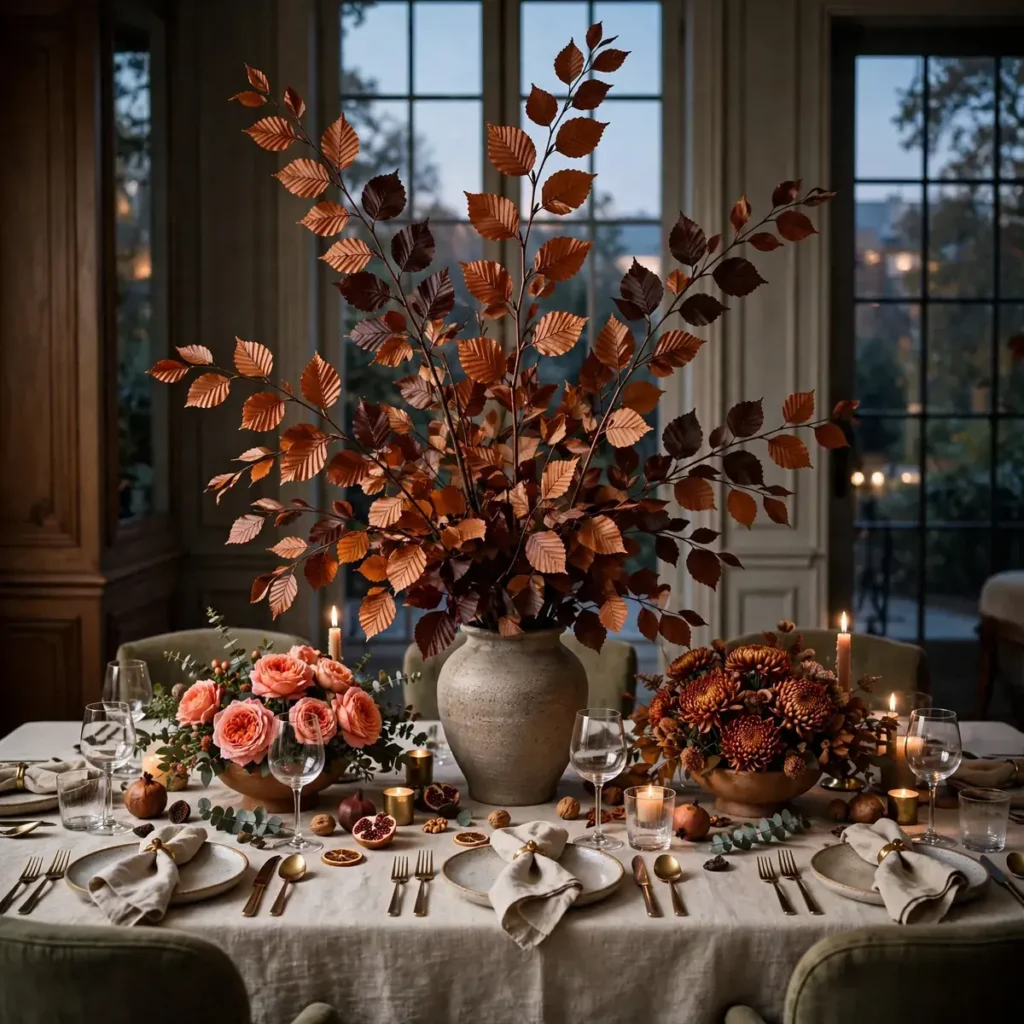 thanksgiving table decor ideas: Build Height With Branches, Keep Florals Low