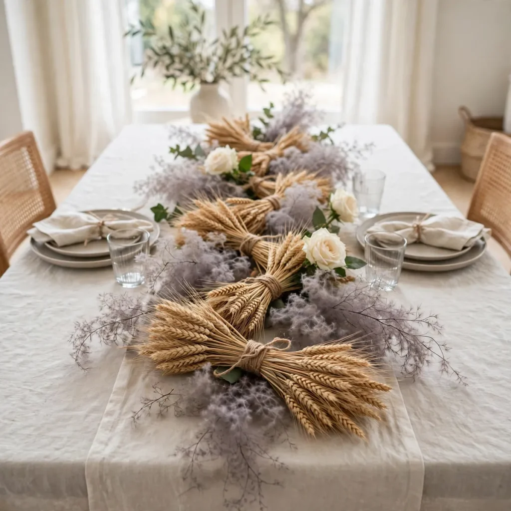 thanksgiving table decor ideas: Build a Dried Wheat-and-Smokebush Runner