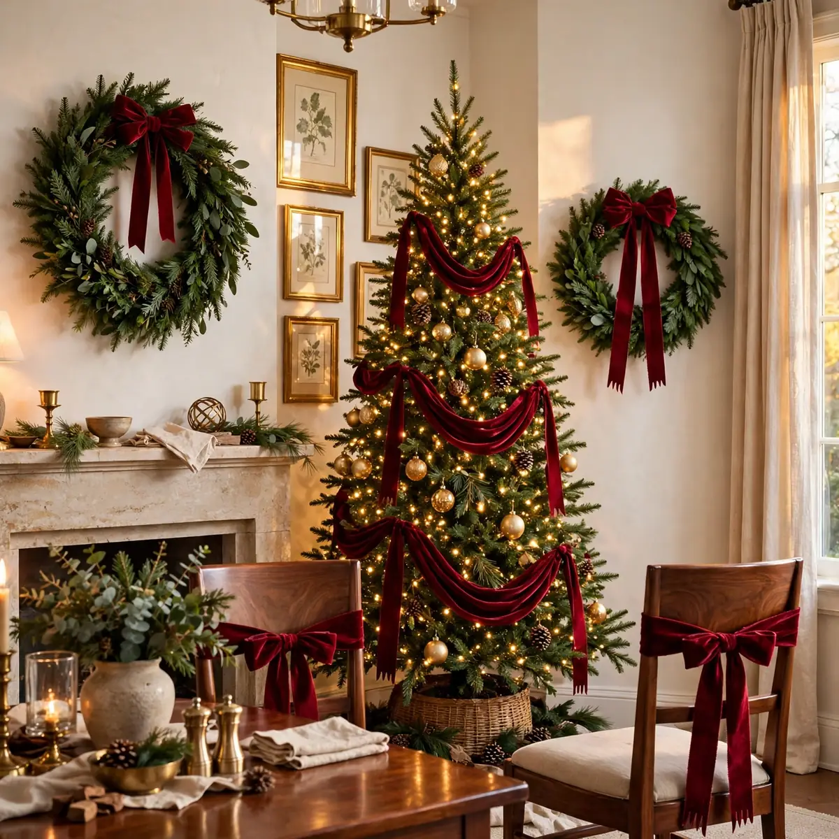 25 Christmas Living Room Decor Ideas for a Magical Holiday Home christmas living room decor ideas: Tie Everything With Velvet Ribbon